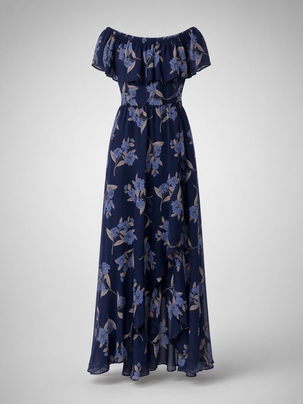 Navy Blue Floral Off-shoulder Ruffled Neckline Maxi Dress, Express Size M